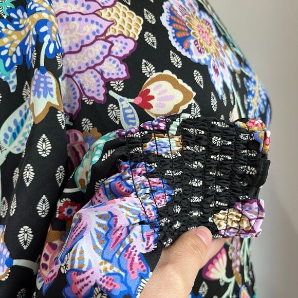 Loft Black Floral Mock Neck Long Sleeve Babydoll Dress Size 10 Petite - Picture 6 of 11